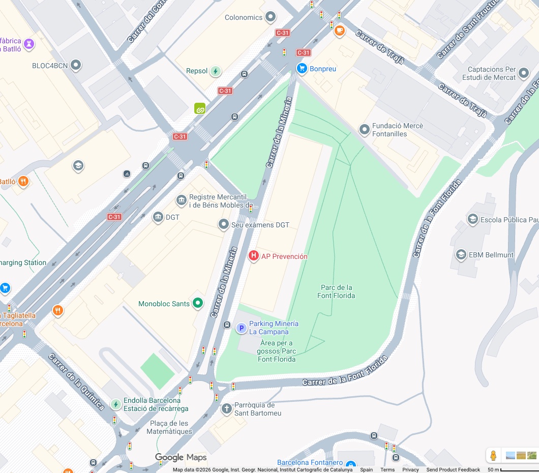 Google map of the DGT Barcelona office at Gran Via 184, showing the DGT, the exam venue marked Seu exàmens DGT and Carrer de la Mineria