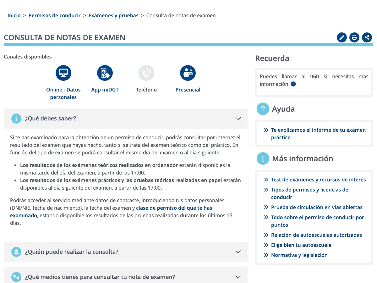 The DGT results page, with the four ways to check: online, app, phone and in person
