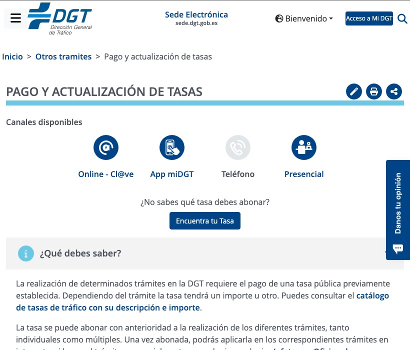 The DGT website page for paying official fees online