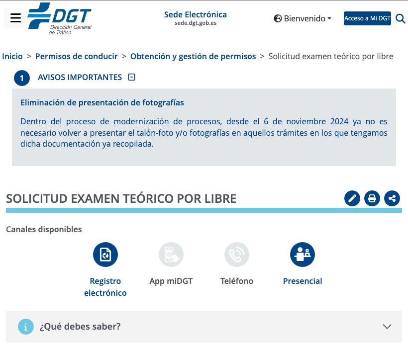 The DGT website page for the theory exam application, with the electronic registry and in person options