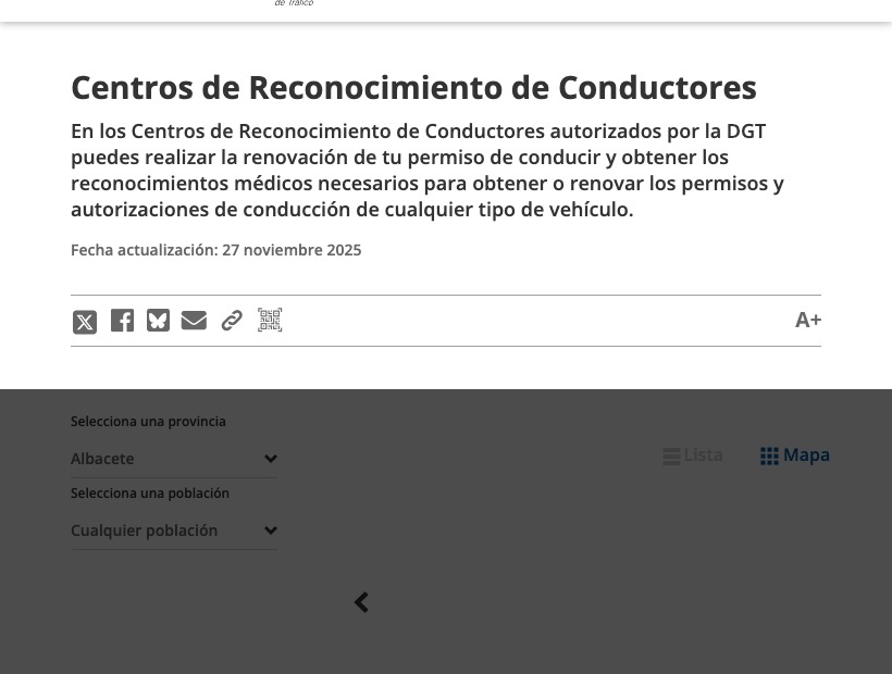 The DGT page listing approved driver medical centres by province