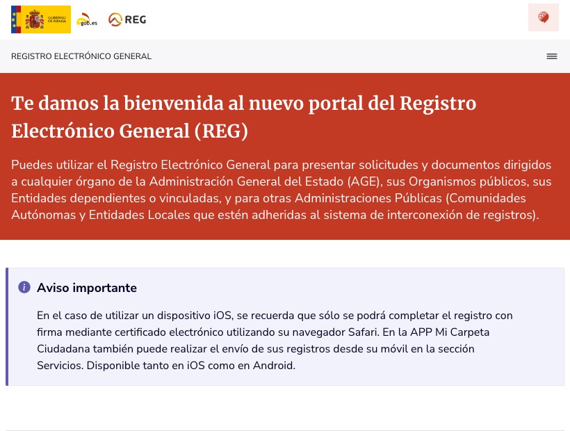 The Spanish general electronic registry website, where the application is filed