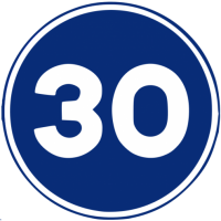 Round road sign with a blue background and the number 30 in white